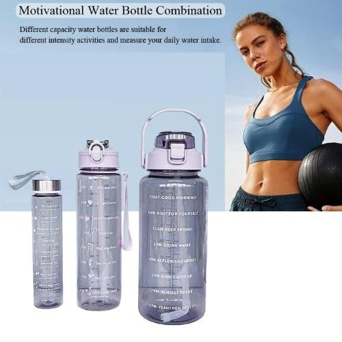 3-Pack Transparent Motivational Water Bottles for Drinking & Fitness