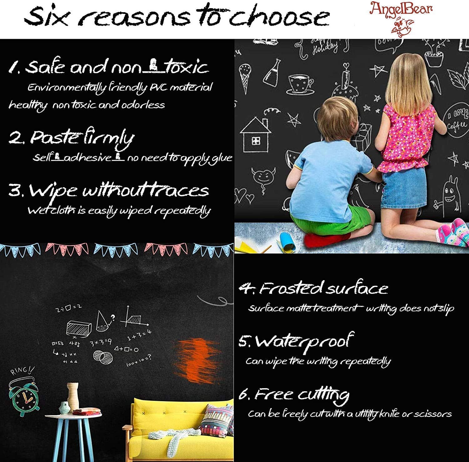 Removable Black Board Wall Sticker with Chalks for Home & Office