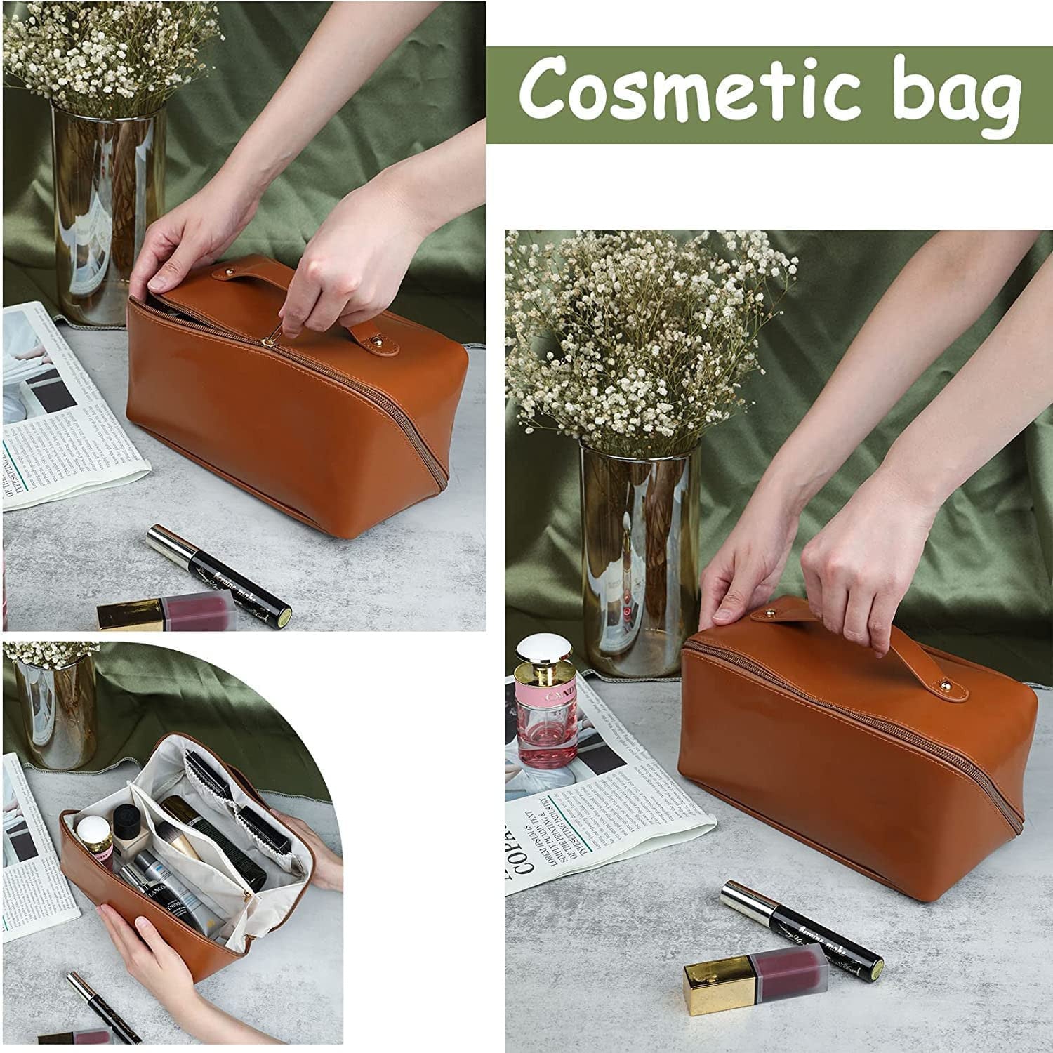 Leather Cosmetic Travel Bag with Handle & Divider, Large Capacity