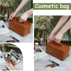 Leather Cosmetic Travel Bag with Handle & Divider, Large Capacity