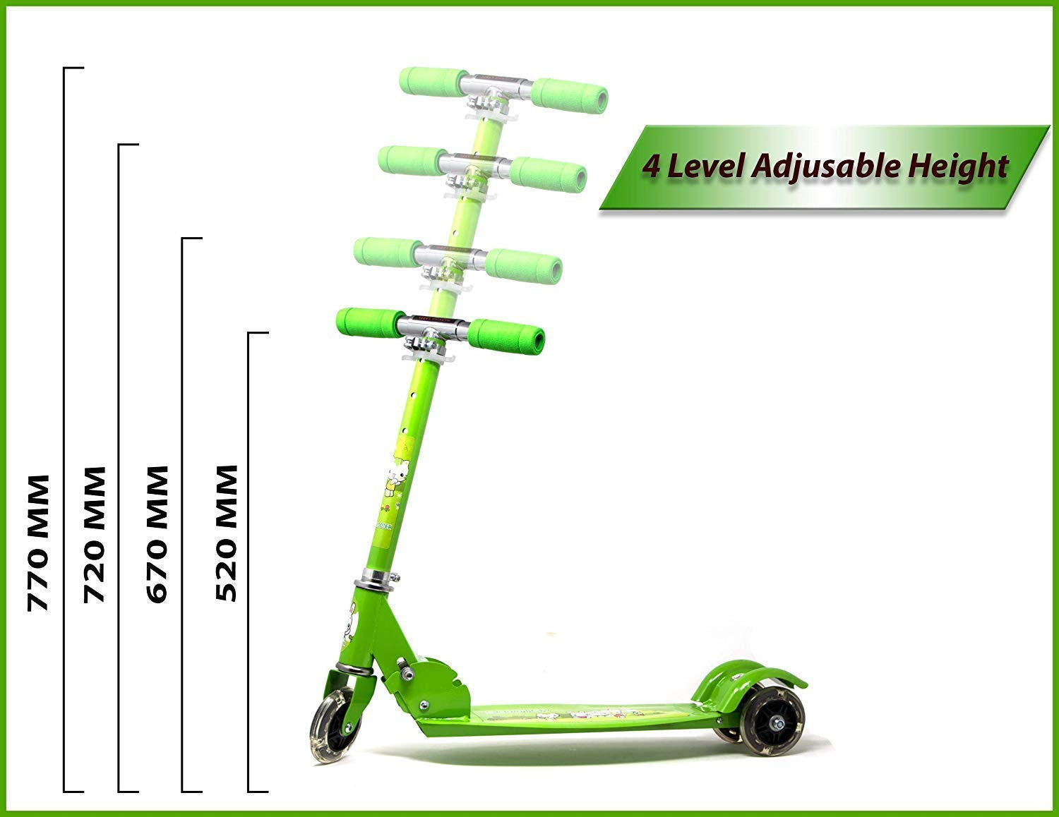 Kids Green Foldable 3-Wheel Scooter with Lights, Brake & Bell