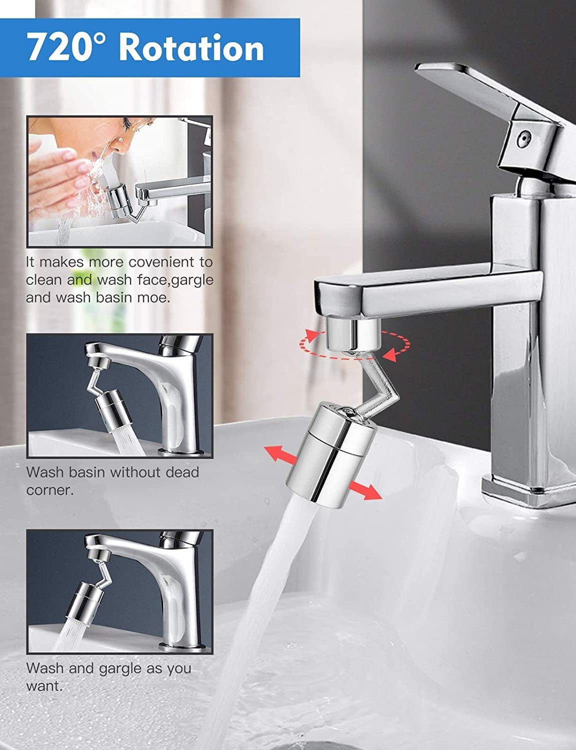 720° Rotating Faucet with Splash Filter and Dual Mode Water Flow