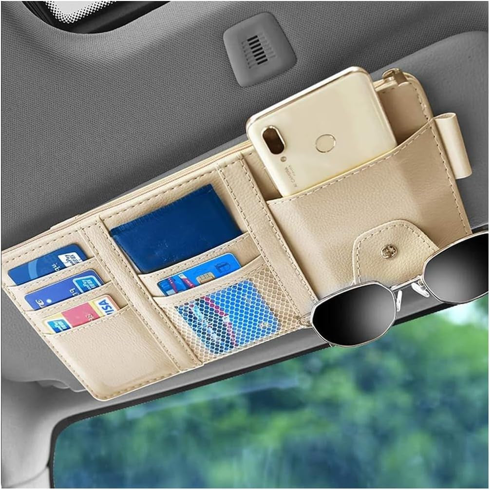 Multi-Pocket Car Sun Visor Organizer with Zipper & Elastic Straps