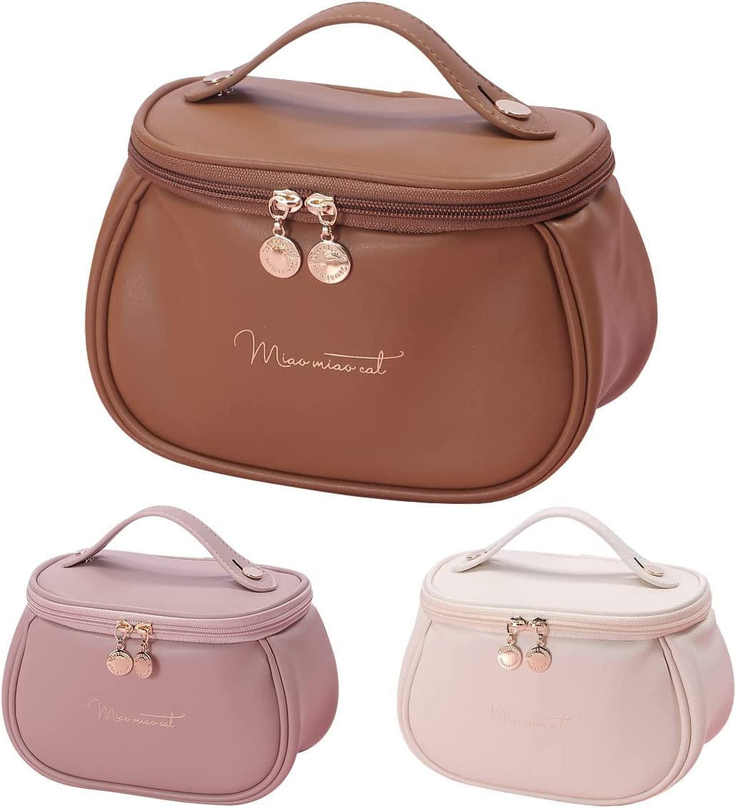 Large Leather Cosmetic Bag - Waterproof Travel Makeup Organizer