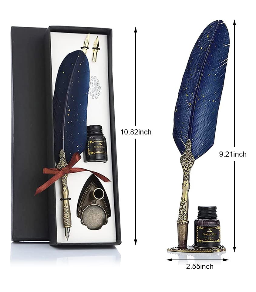 Vintage Carving Feather Pen Set with Ink, Nibs & Stand