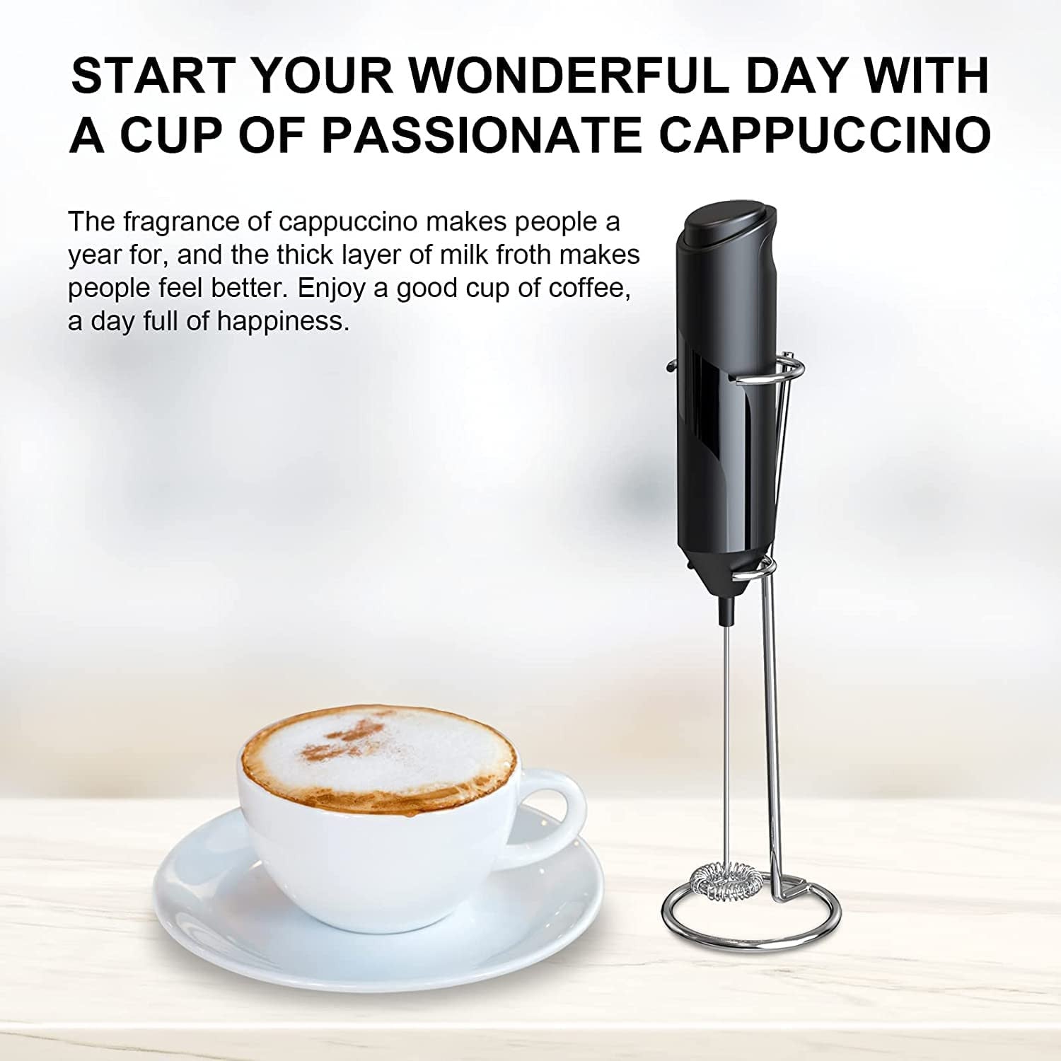 Electric Milk Frother with Ss Stand – Handheld Latte & Coffee Mixer