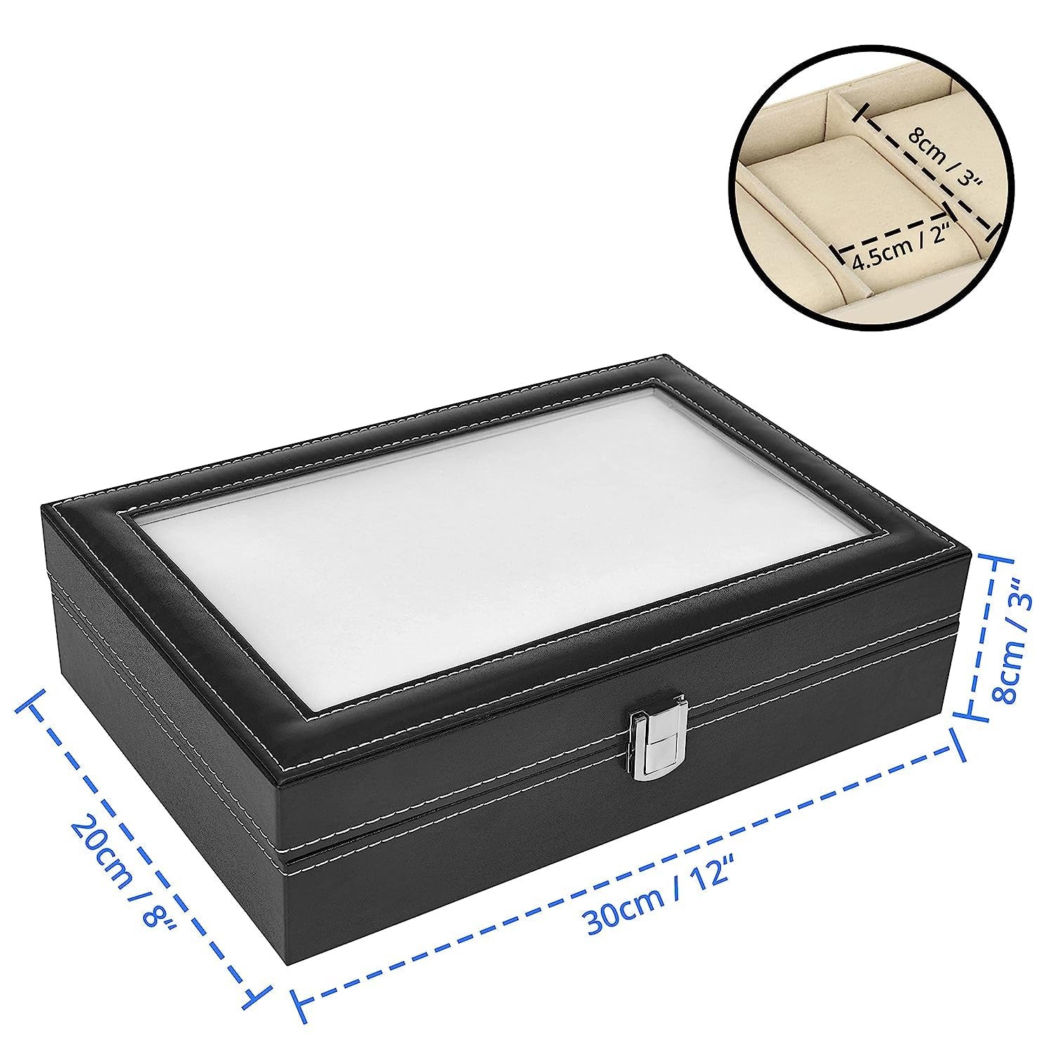 Genuine Leather 12-Slot Watch Organizer with Glass Display Case