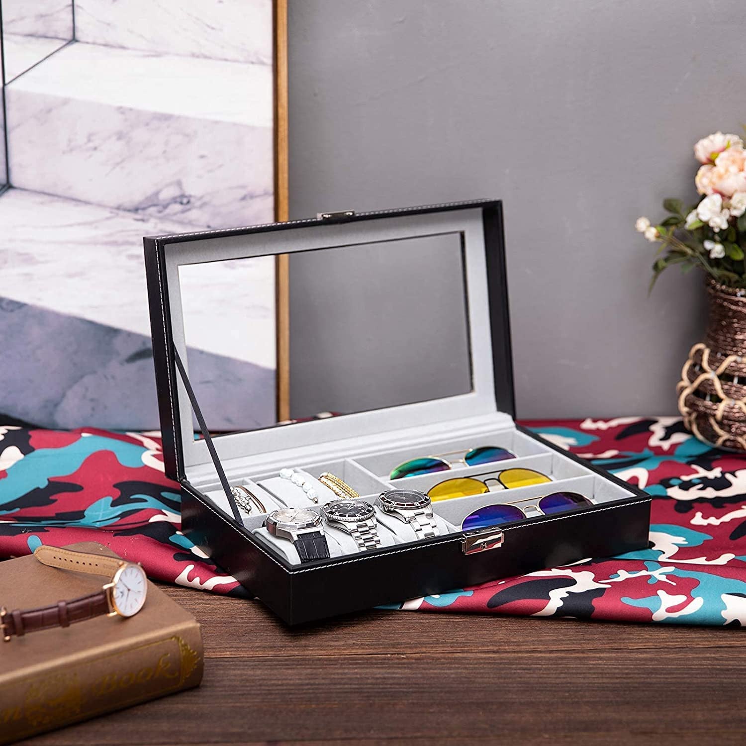 Elegant 6 Slot Watch & 3 Slot Sunglasses Organizer with Lock