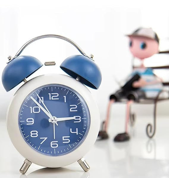 Blue Twin Bell Analog Alarm Clock - Silent Mini Table Desk Clock