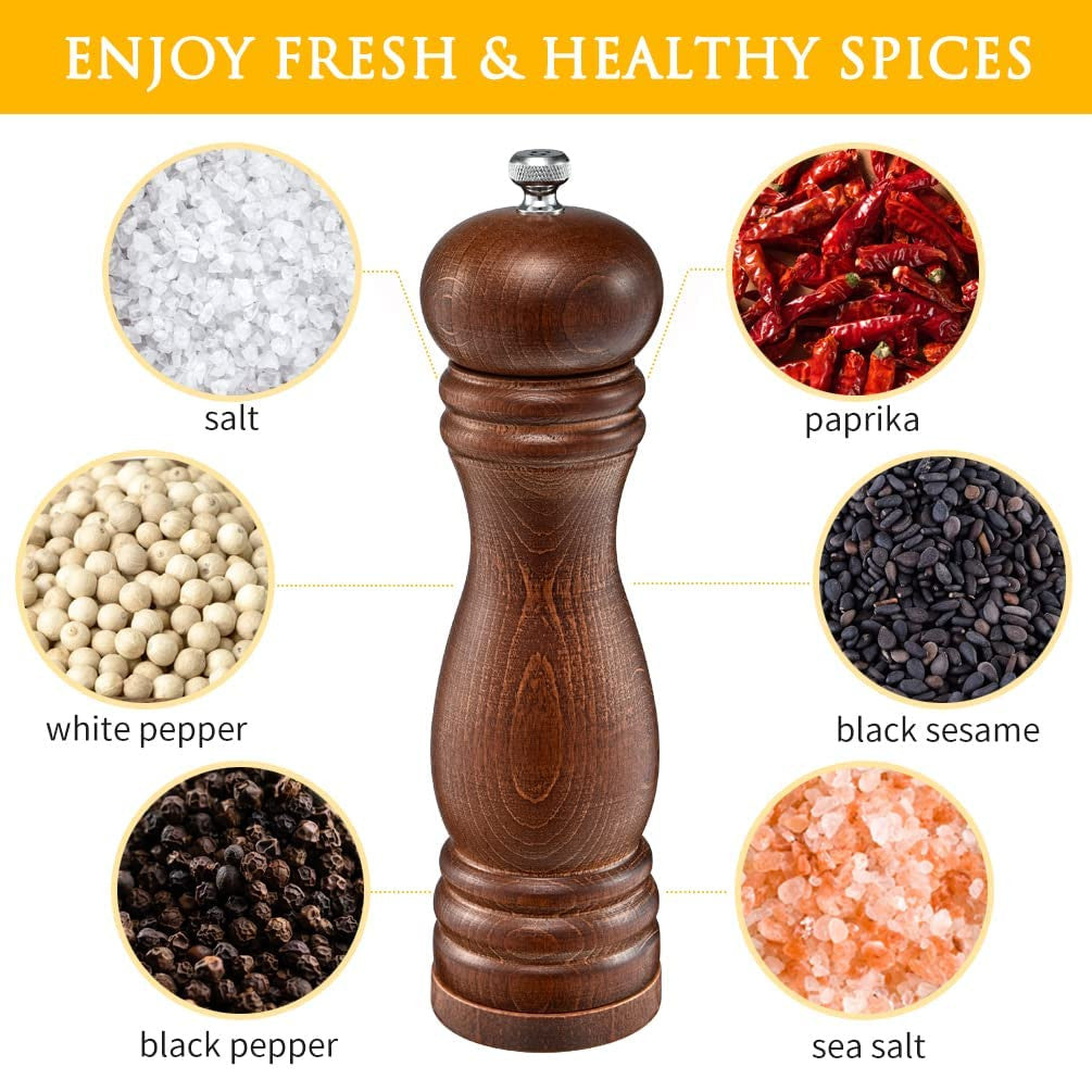 8-Inch Wooden Salt & Pepper Grinder Set with Adjustable Coarse Fineness