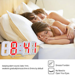 Modern 3D Red LED Wall Clock with Alarm, Date, Temp & Night Light