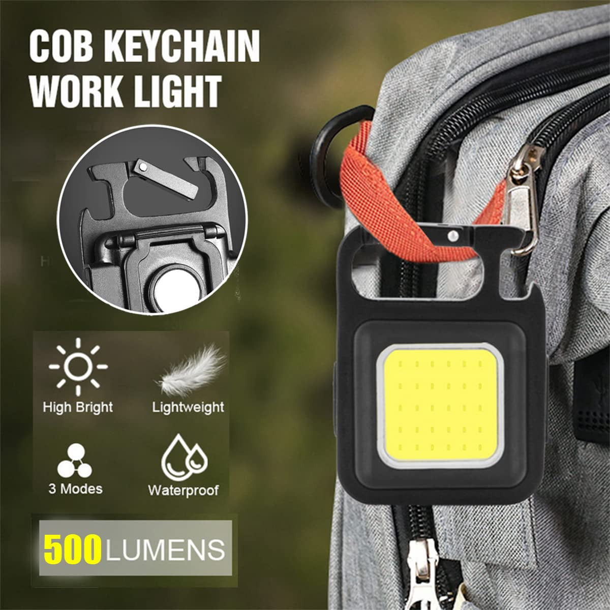 Rechargeable COB Keychain Light with Bottle Opener, Magnet & Folding Stand