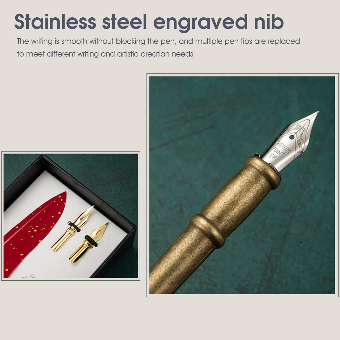 Vintage Carving & Calligraphy Pen Set with Feather & Ink