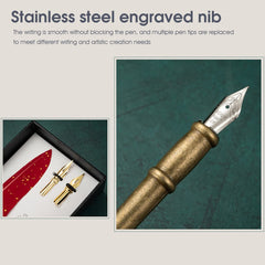 Vintage Carving & Calligraphy Pen Set with Feather & Ink