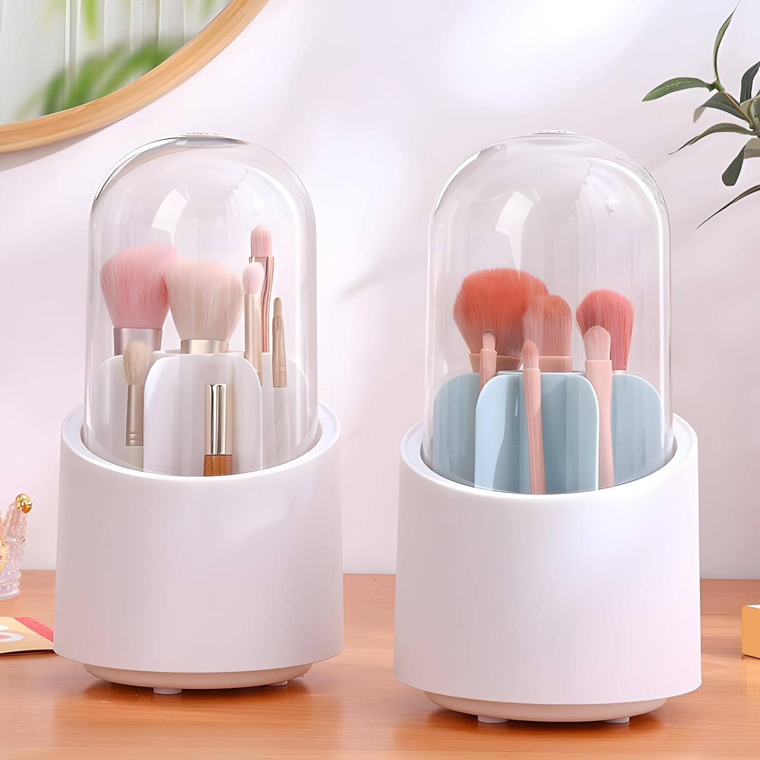 360° Rotating Makeup Brush Holder with Lid and Compartments