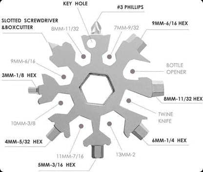 18-in-1 Snowflake Multi-Tool Keychain for Camping and Biking