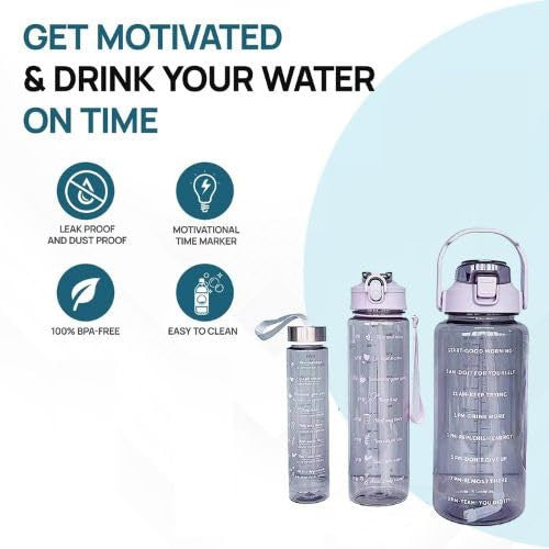 3-Pack Transparent Motivational Water Bottles for Drinking & Fitness
