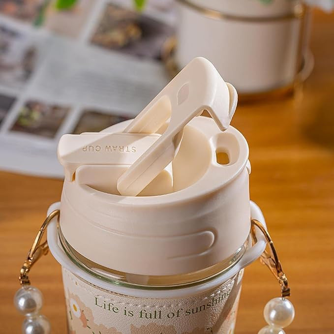 Elegant Pearl Chain Glass Coffee Mug with Straw and Sleeve