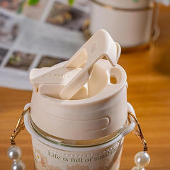 Elegant Pearl Chain Glass Coffee Mug with Straw and Sleeve