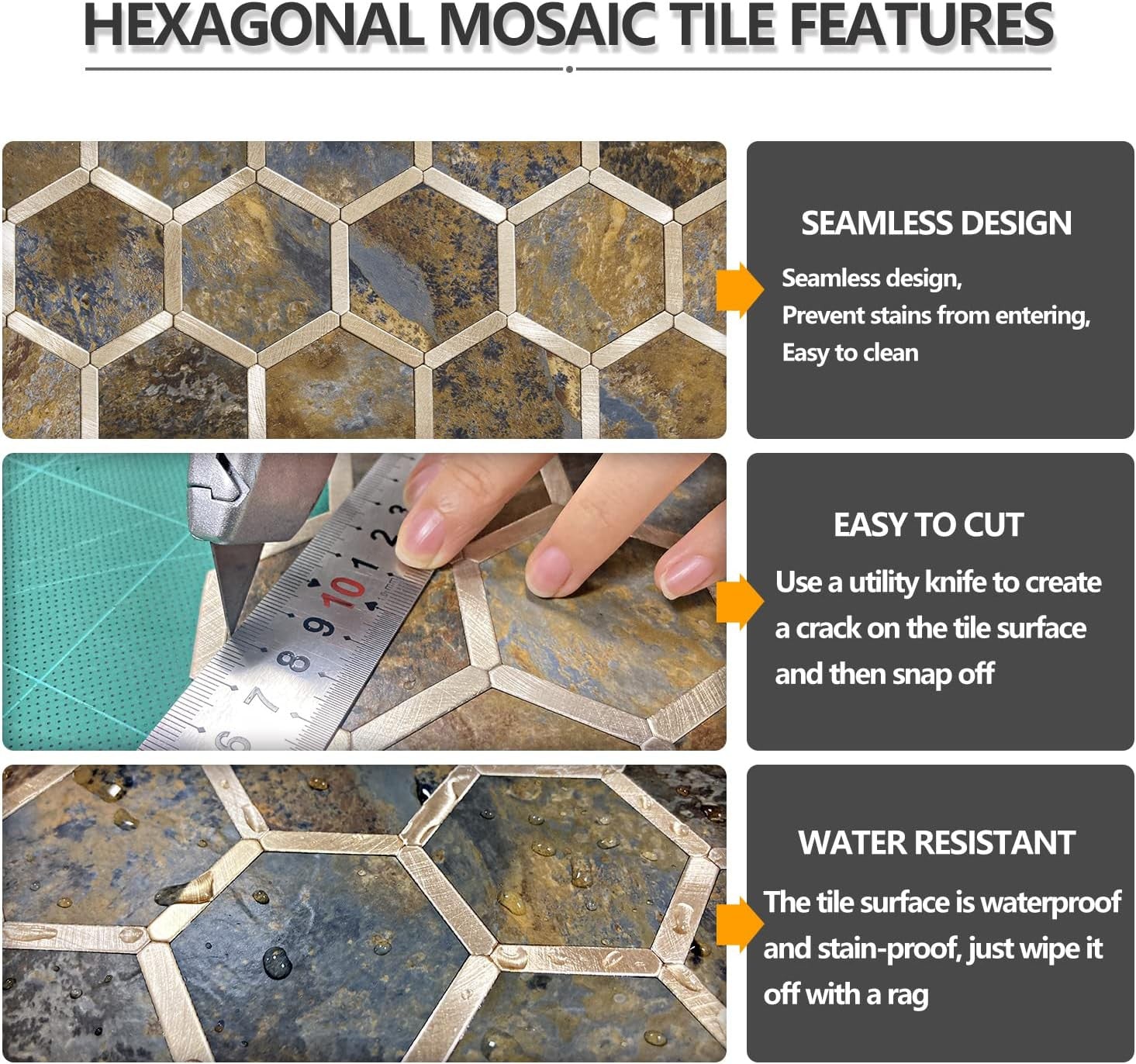 Hexagon Metal Tiles 3D Wall Paper - Self-Adhesive, Waterproof, Modern