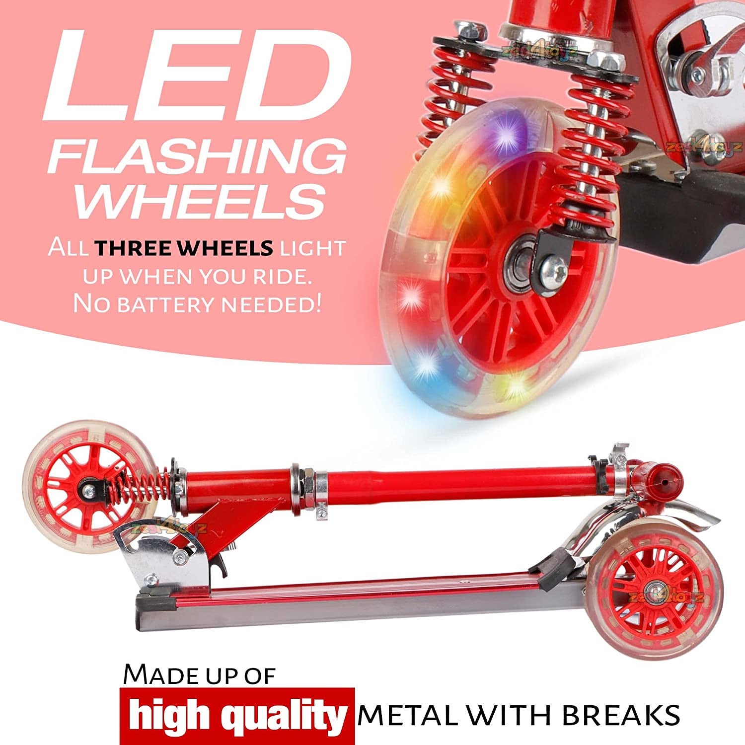 Kids Red 3-Wheel Foldable Scooter with Lights, Brake & Bell