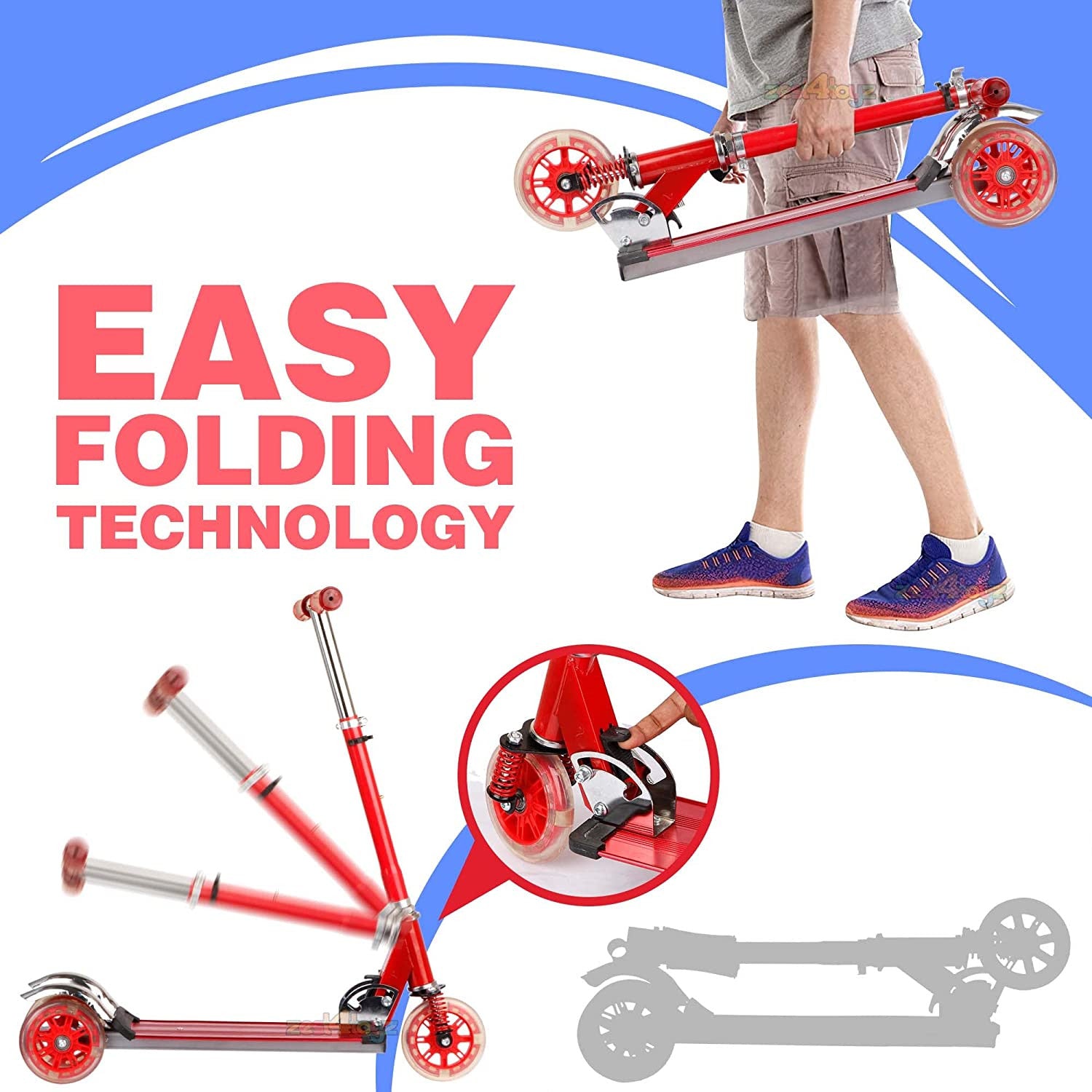 Kids Red 3-Wheel Foldable Scooter with Lights, Brake & Bell