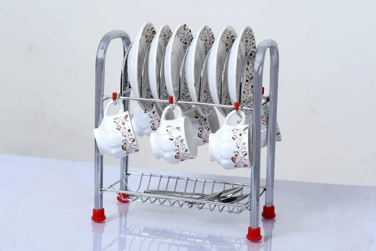 Rose Gold Stainless Steel Cup and Saucer Holder with Cutlery Rack