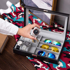 Elegant 6 Slot Watch & 3 Slot Sunglasses Organizer with Lock