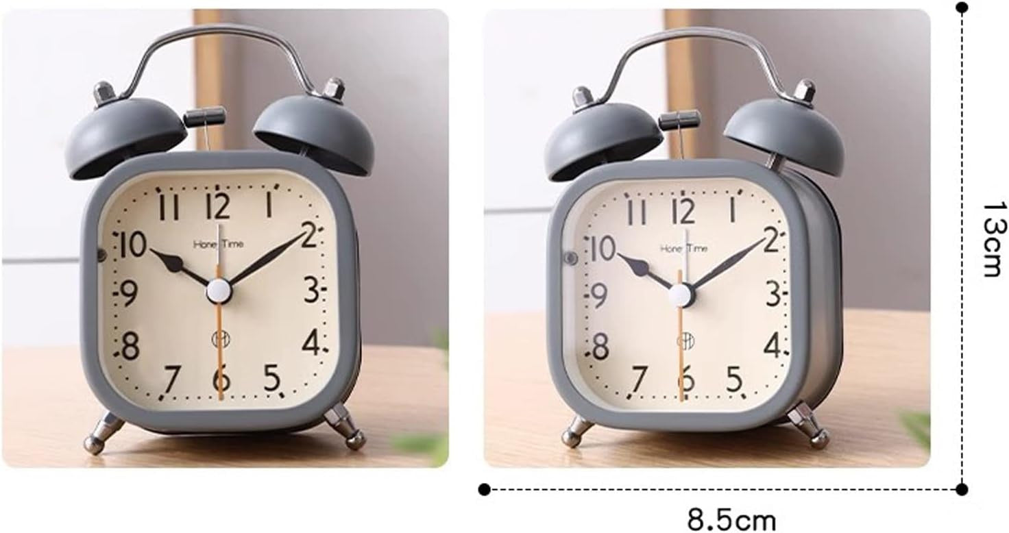 Square Twin Bell Alarm Clock with Night LED Light for Desk and Table