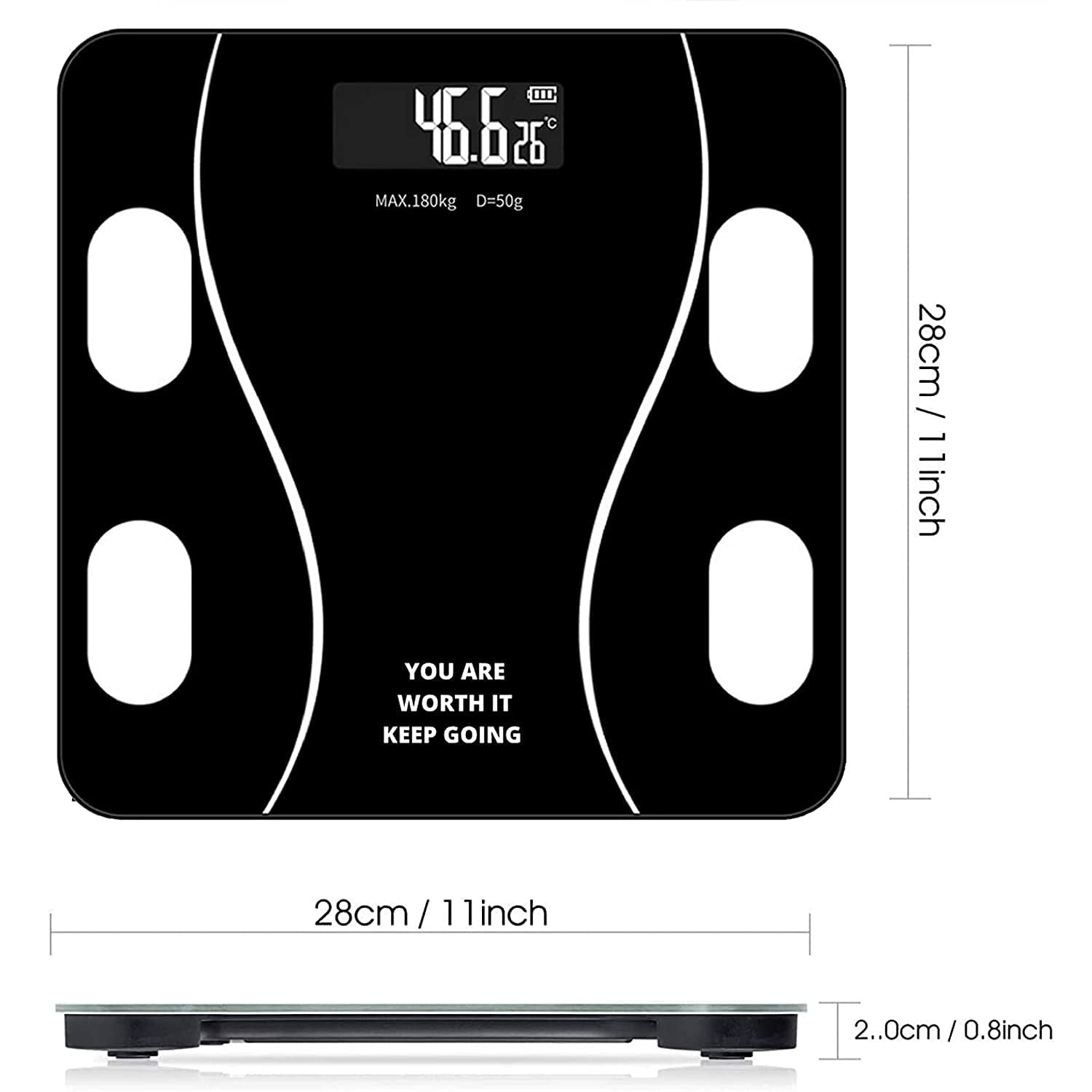 Black Digital Bathroom Scale with Tempered Glass, 180kg Capacity