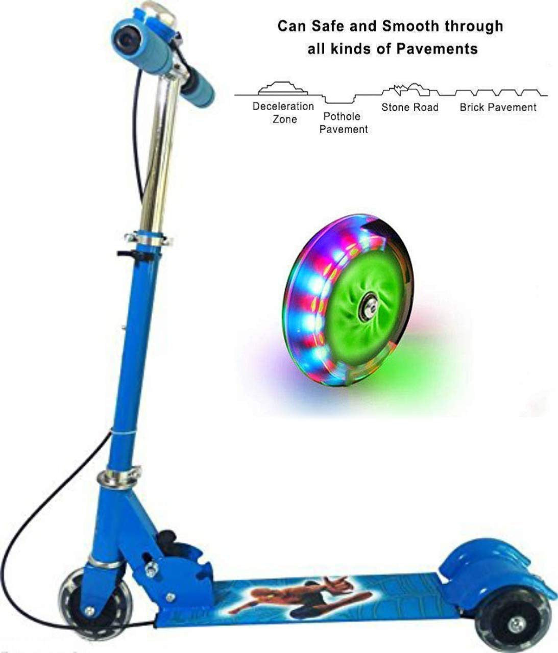 Kids Blue Foldable 3-Wheel Scooter with Lights and Adjustable Height
