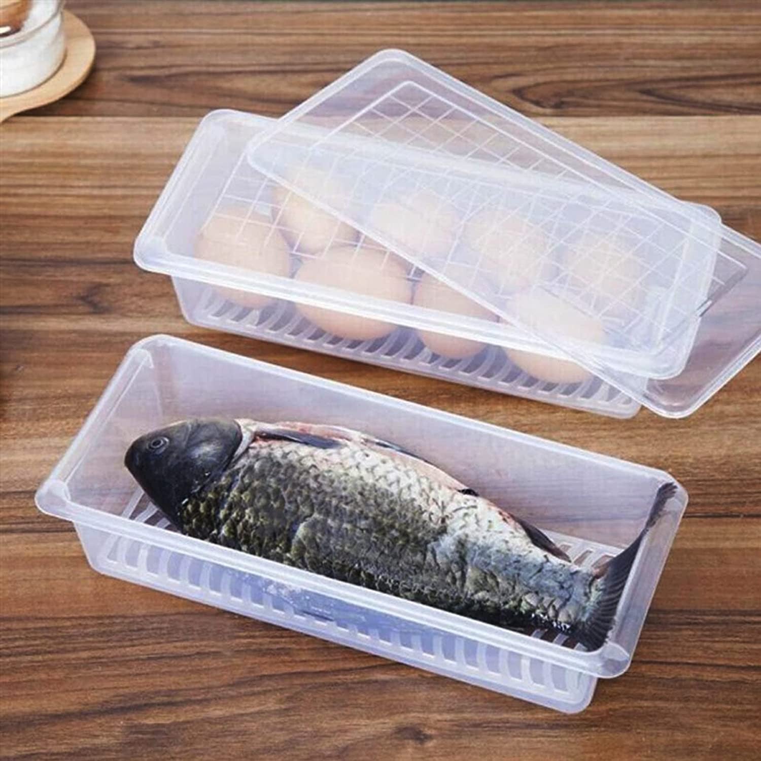 Transparent Fish and Vegetable Storage Container with Drain Plate and Lid - 1 Pc