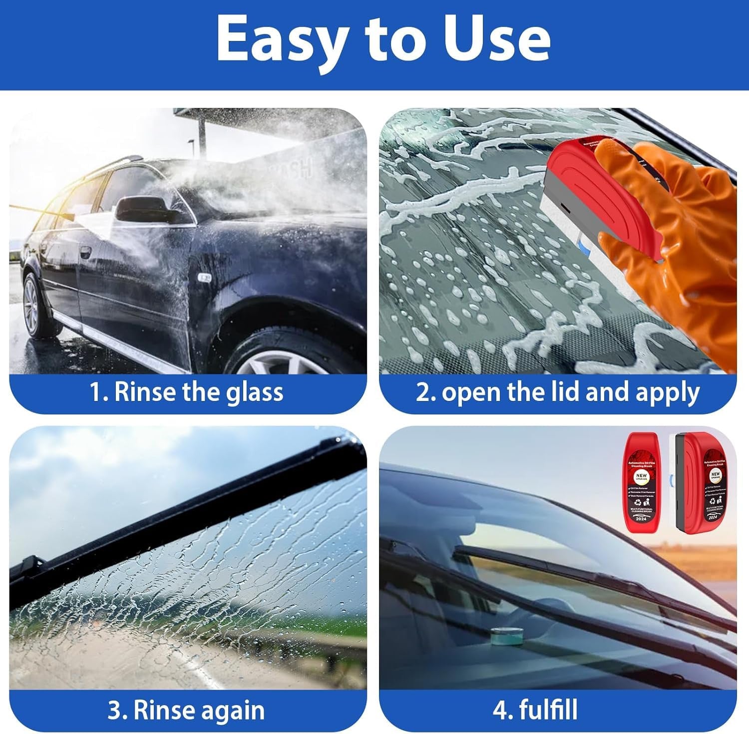Car Glass Oil & Water Spot Remover Kit with Cleaning Brush