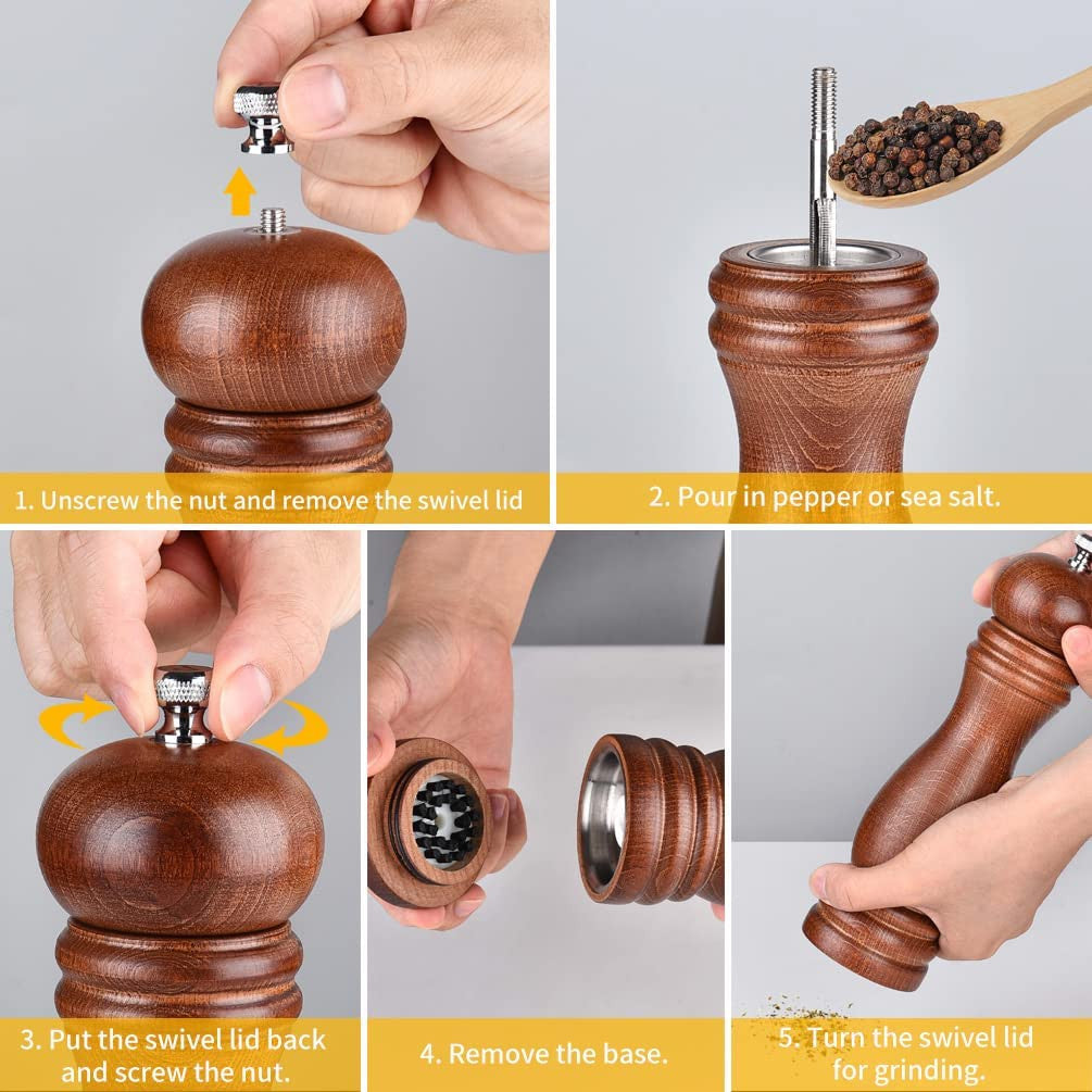 8-Inch Wooden Salt & Pepper Grinder Set with Adjustable Coarse Fineness