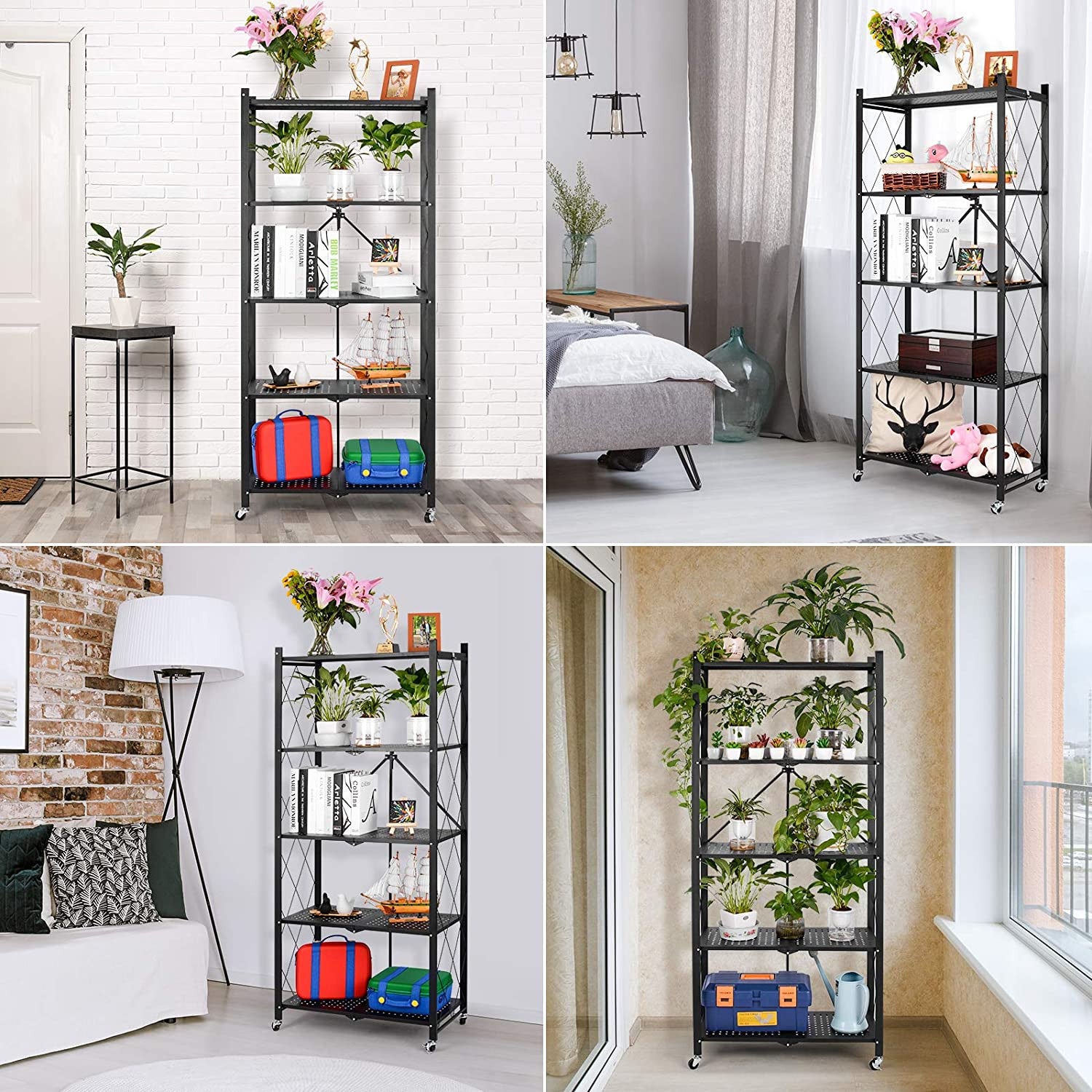 Rustic Brown 5-Layer Foldable Kitchen & Storage Rack on Wheels