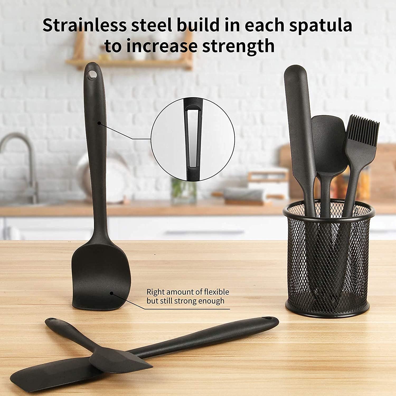 6-Piece Black Silicone Kitchen Spatula Set with Stainless Steel Core