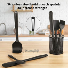 6-Piece Black Silicone Kitchen Spatula Set with Stainless Steel Core