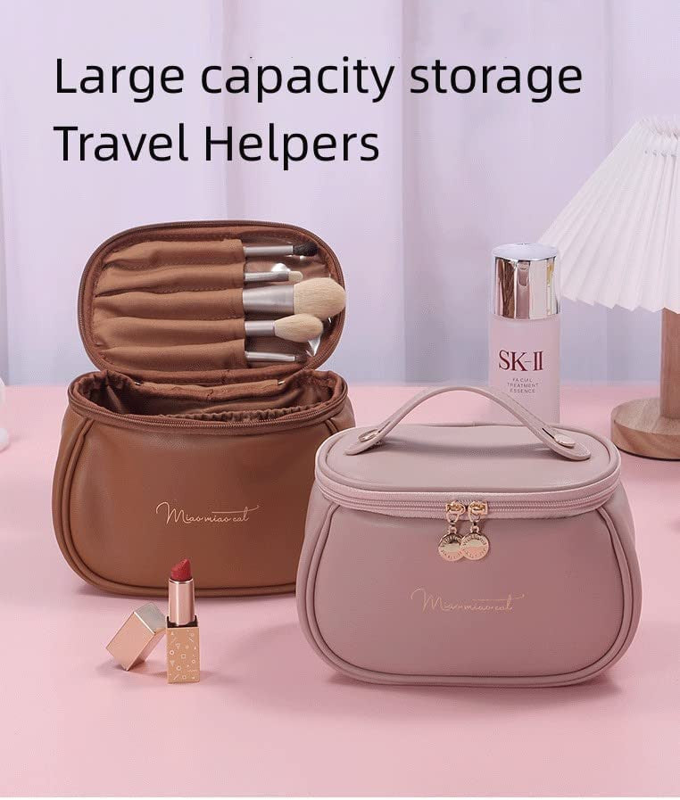 Large Leather Cosmetic Bag - Waterproof Travel Makeup Organizer