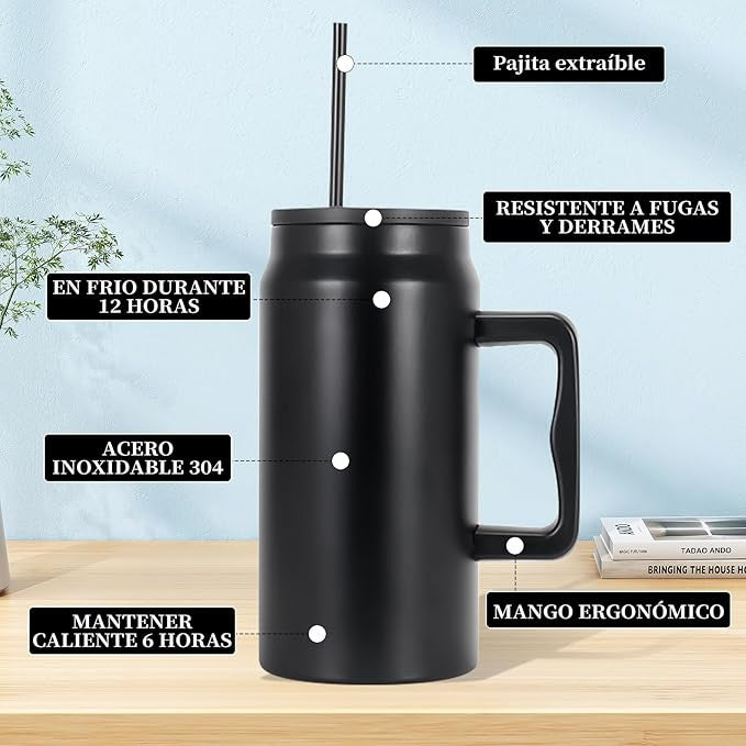 1500ml Insulated Stainless Steel Mug with Handle and Straw
