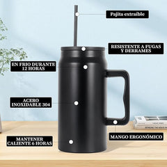 1500ml Insulated Stainless Steel Mug with Handle and Straw