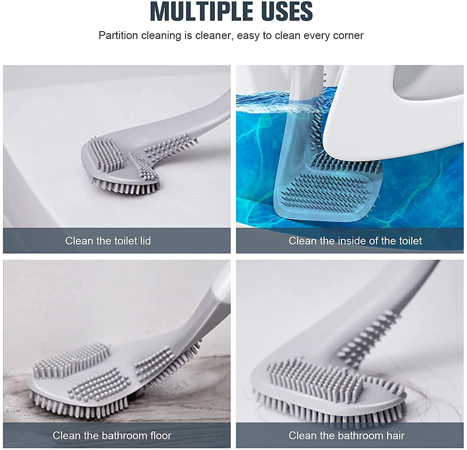 Flexible Silicone L-Shape Toilet Brush with Holder and Hooks