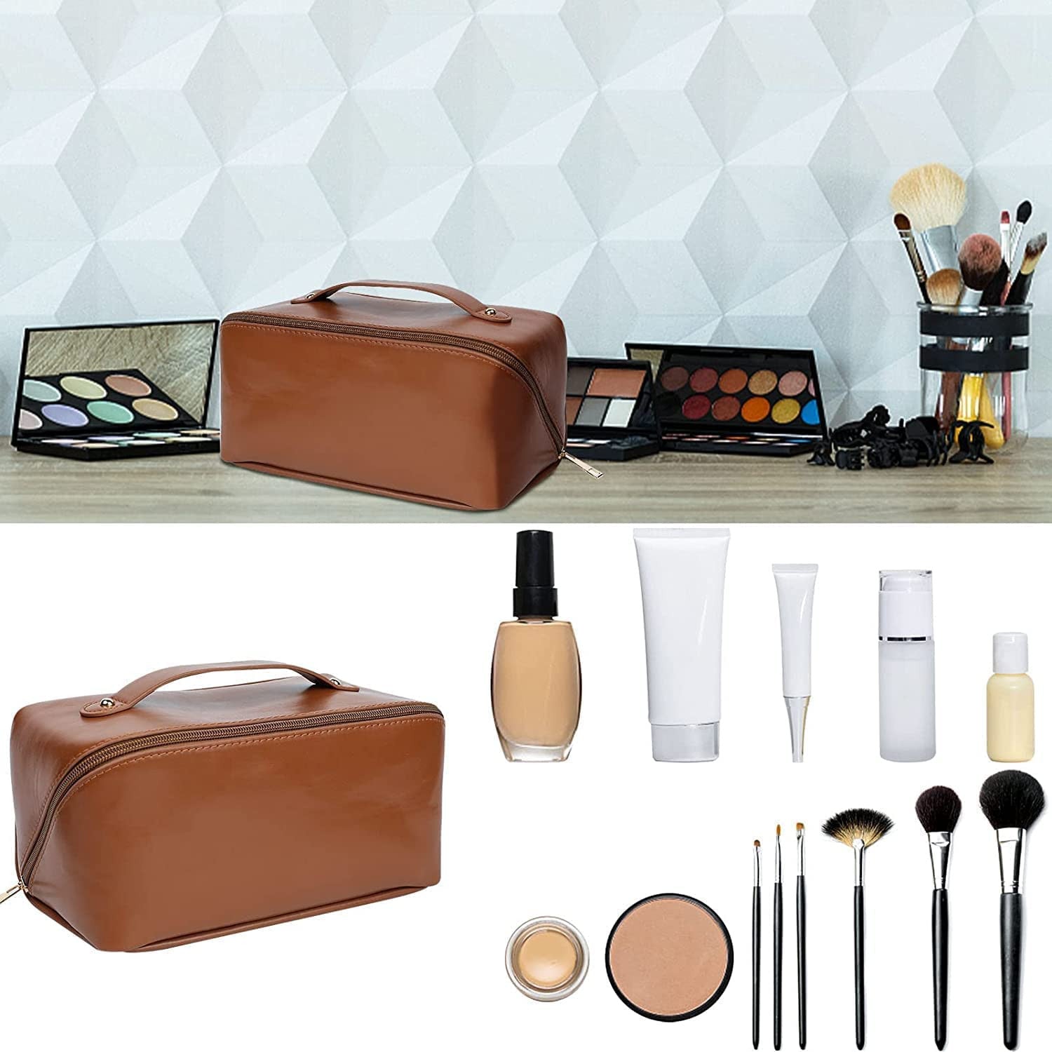 Leather Cosmetic Travel Bag with Handle & Divider, Large Capacity