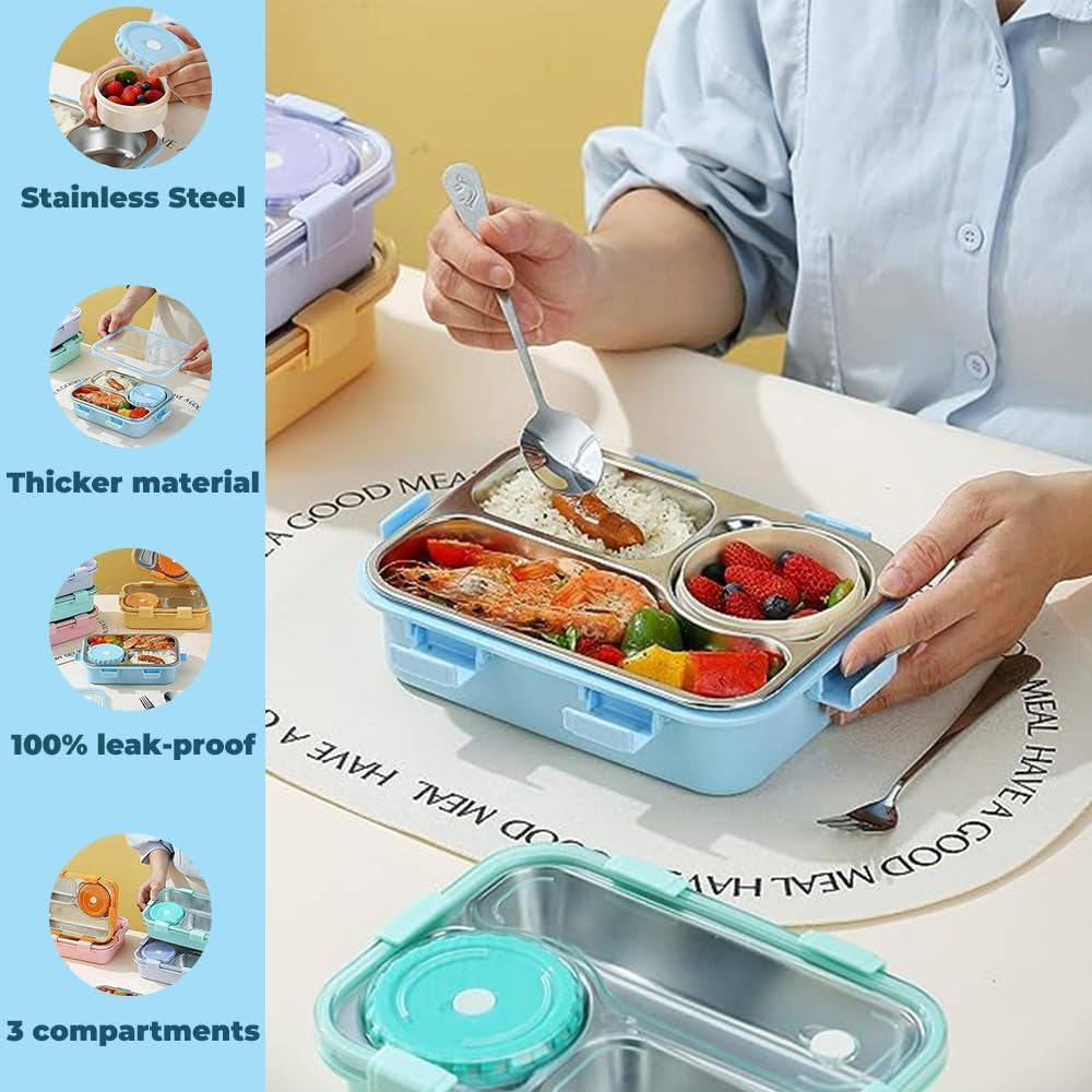Premium 3-Section Stainless Steel Lunch Box with Soup Bowl & Cutlery