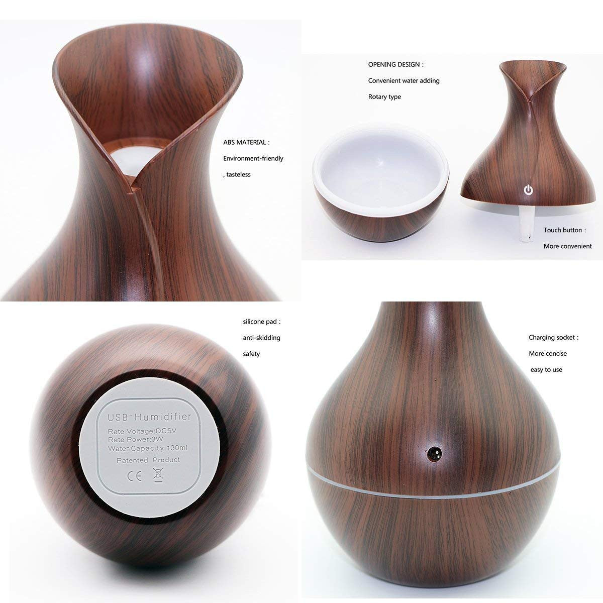 Wooden Grain Vase Aroma Diffuser with LED Lights and Ultrasonic Cool Mist