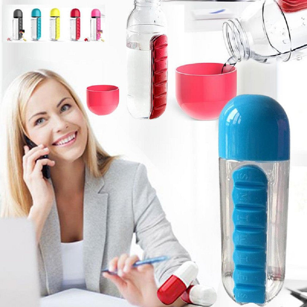 7-Day Pill Organizer Water Bottle with Built-In Medication Storage