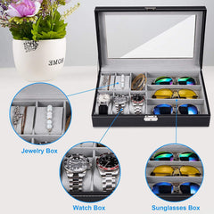Elegant 6 Slot Watch & 3 Slot Sunglasses Organizer with Lock