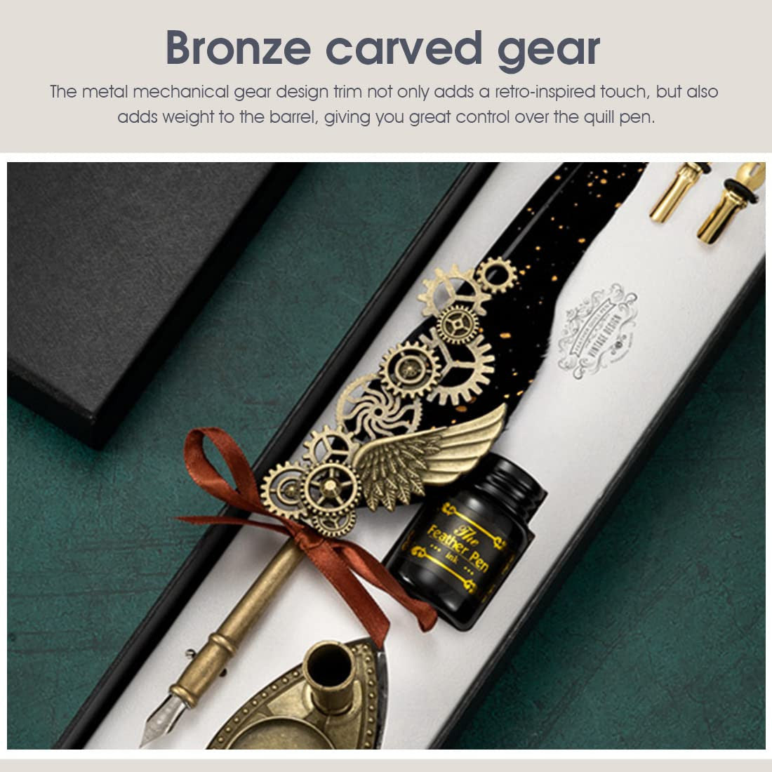 Vintage Carving & Calligraphy Pen Set with Feather & Ink