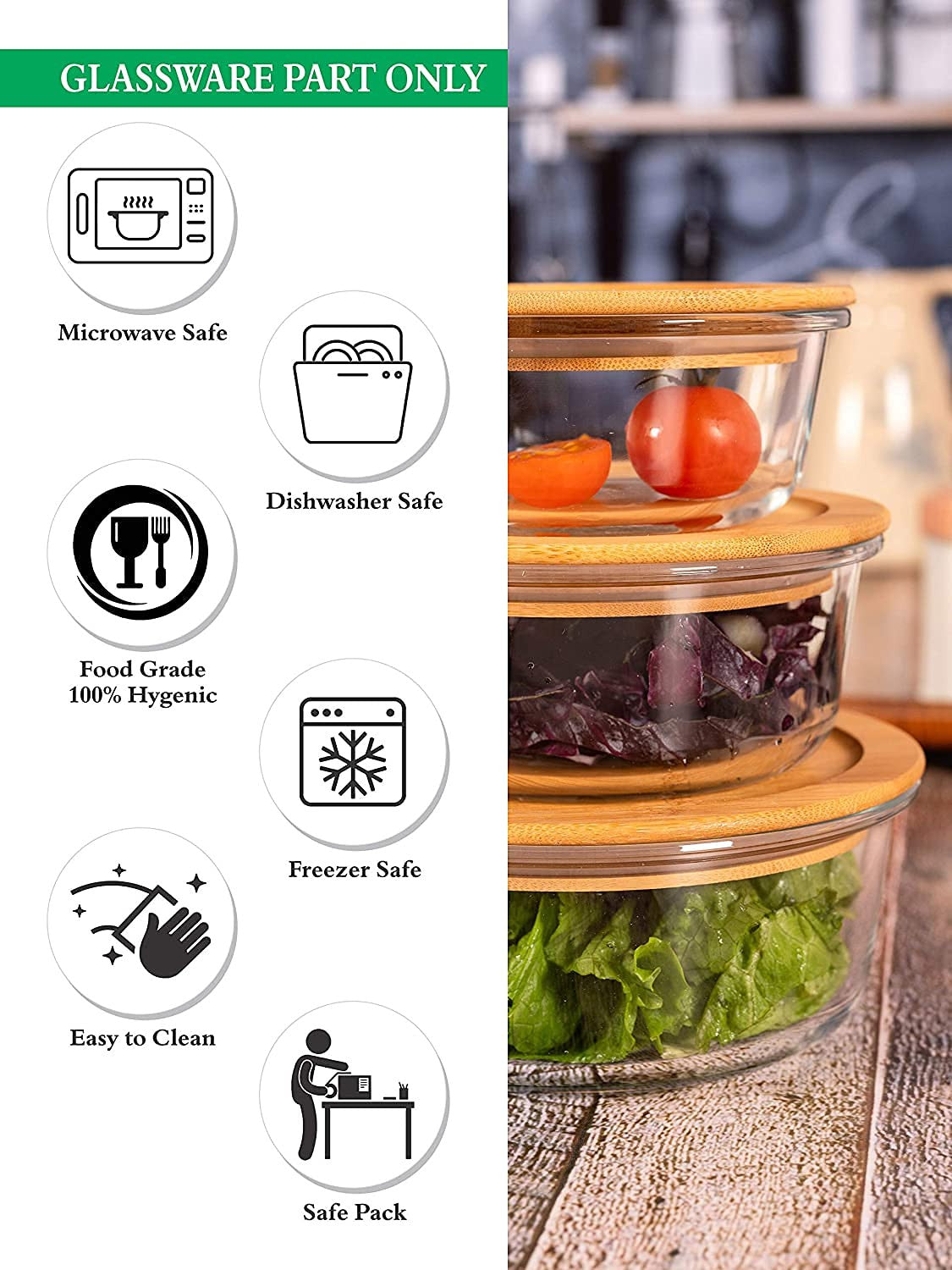 3-Piece Glass Food Storage Set with Wooden Lids