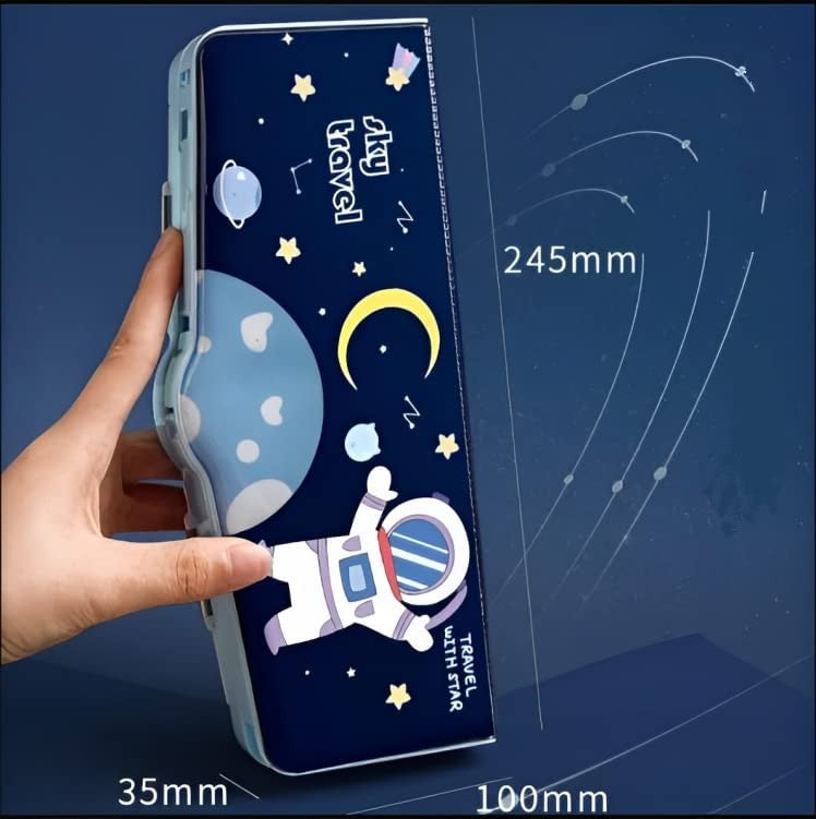 Space Theme Magnetic Pencil Box with Compass and Pop-Up Design for Kids