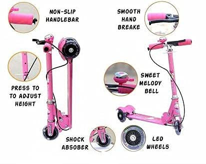 Kids Pink 3-Wheel Foldable Scooter with Brake, Bell & LED